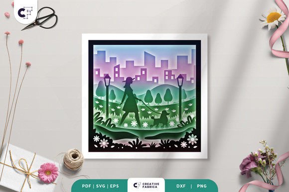 Woman Walk a Dog in Spring 3D Shadow Box: A Unique Paper Crafting Experience